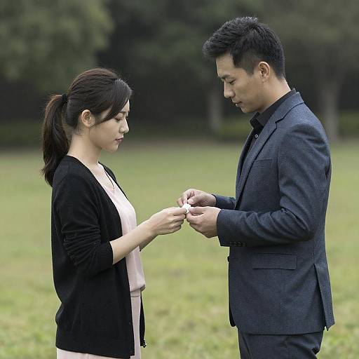 Asian Couple Exchanging Object Outdoors