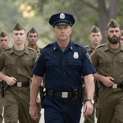 Police Officer Leading Military Group in Forest