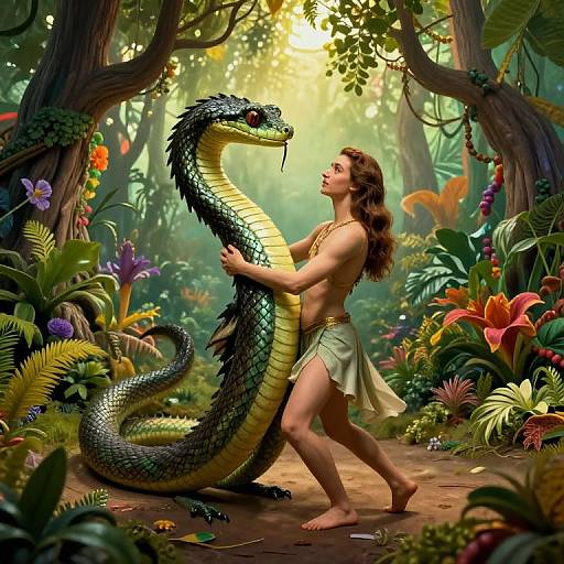Digital artwork: Shirtless young woman with long brown hair, wearing a green cloth skirt, gently holds a large, vibrant, yellow-green snake in a
