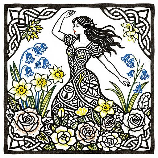 Intricate black and white illustration of a long-haired woman amidst vibrant yellow and blue flowers, surrounded by swirling patterns. Art Nouveau style.