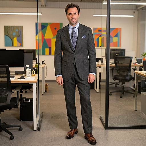 Photograph of a handsome man with short brown hair, dressed in a dark gray suit, white shirt, blue tie, and brown shoes, standing in