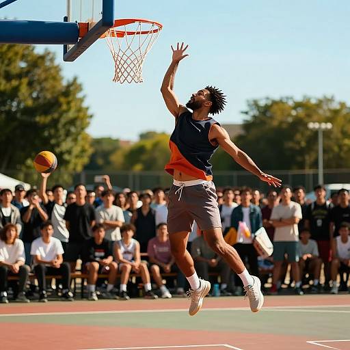 Photograph of an athletic man with black spiky hair, wearing a navy sleeveless shirt and gray shorts, mid-air dunking a basketball on an