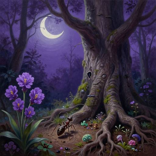 Digital fantasy artwork of a moonlit forest, featuring a large, gnarled tree with a hollow face, vibrant purple flowers, colorful mushrooms, and