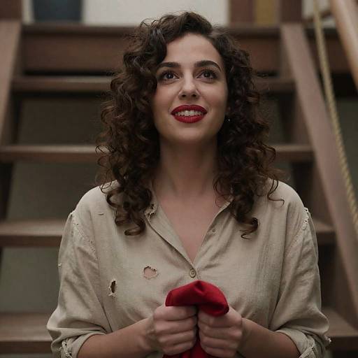 Charming Woman on Wooden Staircase