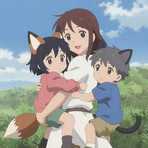 Heartwarming Anime Scene of Woman and Children