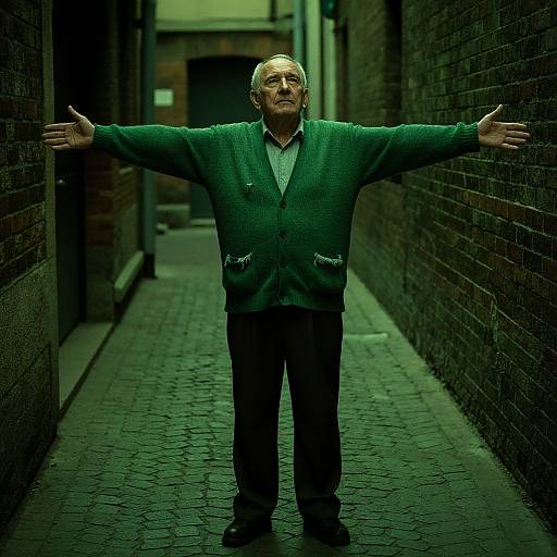 Photograph of an older man with gray hair, wearing a green cardigan and black pants, standing in a narrow, dimly lit brick alley with