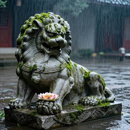 Photograph of a moss-covered, stone lion statue with a pink lotus flower in its paw, sitting in the rain on a wet, reflective surface