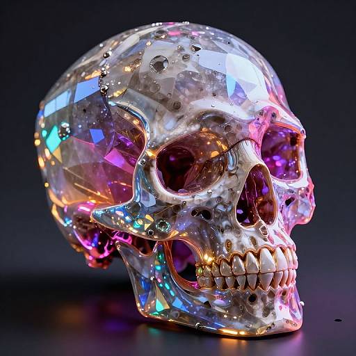 Photorealistic digital rendering of a crystal skull with multicolored, reflective gemstones embedded, glowing against a dark background.