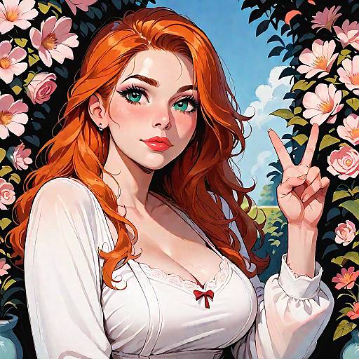 Digital anime-style illustration of a red-haired woman with green eyes, large breasts, wearing a white blouse with a red bow, flashing a peace sign among