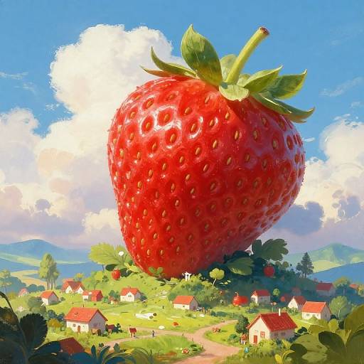 Digital painting of a gigantic, red, ripe strawberry towering over a quaint, sunny village with red-roofed houses and green trees. Bright blue sky