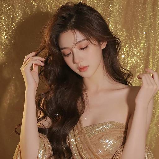 Elegant Woman with Gold Sparkle Background