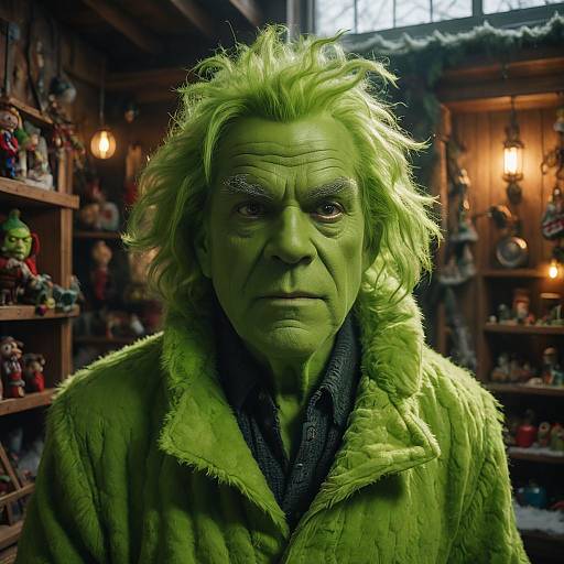 Vintage Grinch Costume in Cluttered Attic