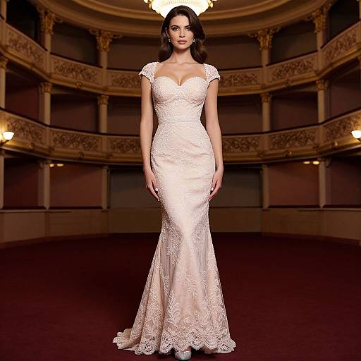 Photograph of a dark-haired woman in an elegant, form-fitting, white lace wedding dress, standing in a grand, ornate, circular hall
