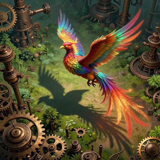 Digital painting of a vibrant, rainbow-feathered phoenix soaring above a steampunk forest filled with interlocking gears and lush greenery.