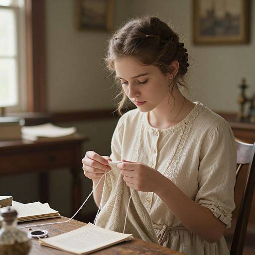 Young woman with fair skin and dark brown hair in a braid, wearing a cream, embroidered blouse, sewing at a wooden table in a softly lit