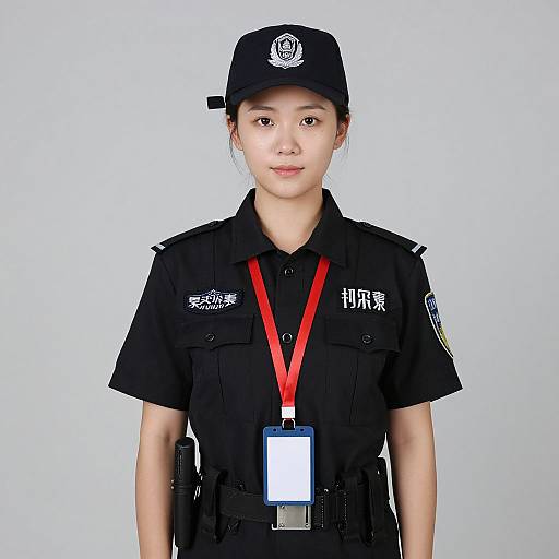 Photograph of an Asian female police officer with fair skin, wearing a black uniform, red ID badge, and black cap, standing against a plain white