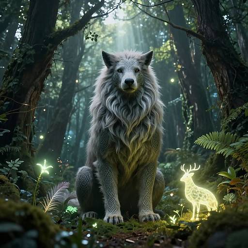 Digital artwork of a majestic, fluffy white wolf with gray accents, sitting in a mystical forest illuminated by glowing fireflies and a luminescent deer.
