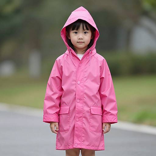 Photograph of an Asian young girl with straight black hair, wearing a bright pink hooded raincoat, standing on a blurred suburban street.