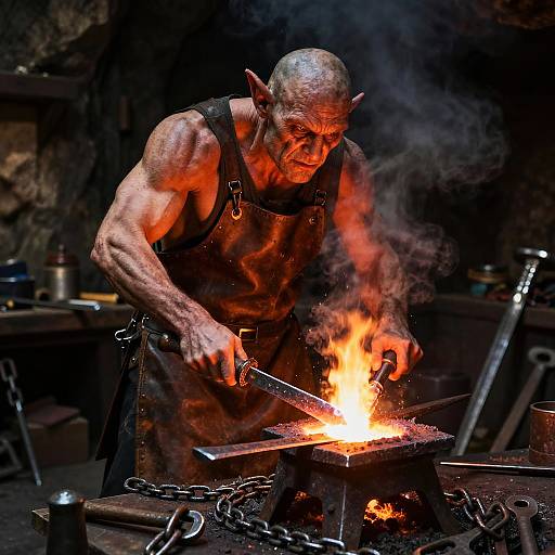 Realistic Goblin Blacksmith Crafting Weapons