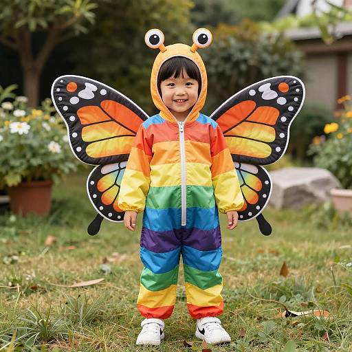 Child in Colorful Butterfly Costume in Garden