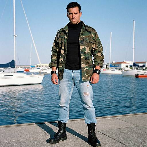 Photograph of a muscular man with short dark hair, wearing a camo jacket, black t-shirt, ripped jeans, and black boots, standing by