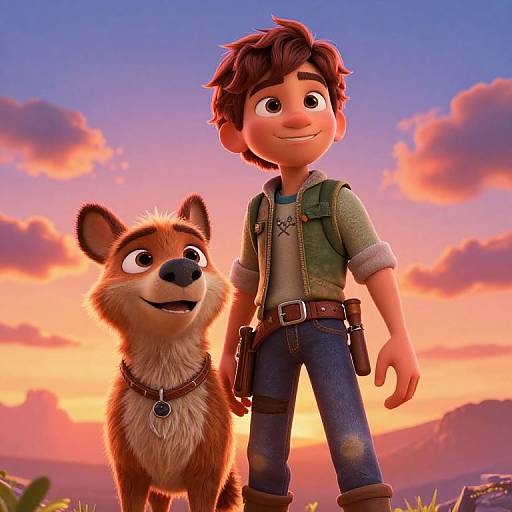 CGI illustration of a smiling boy with brown hair in a green vest and jeans, standing beside a happy, brown-furred dog at sunset. Vibr