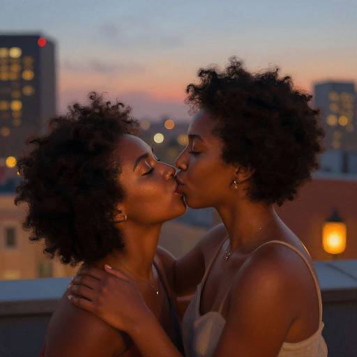 Photograph of two Black women with natural afros kissing on a rooftop at dusk, city lights in the background, wearing spaghetti-strap tops, hands