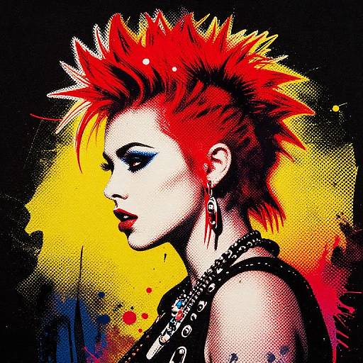 Digital pop art portrait of a punk woman with bright red spiky hair, heavy makeup, black leather collar, and earrings, set against a vibrant yellow