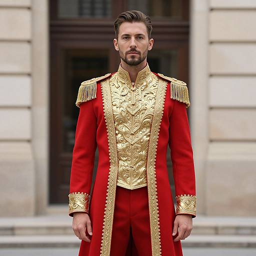 Photorealistic image of a handsome bearded man in a red military-style jacket with gold embroidery and epaulettes, standing in front of a