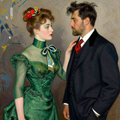 Digital painting of a Victorian-style woman in a green dress with red roses in her hair, gently touching the chest of a bearded man in a black