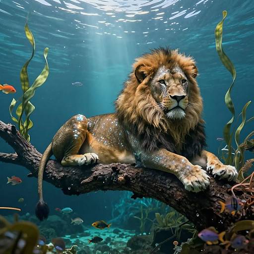 Photograph of a majestic underwater lion with a dark mane, lying on a branch surrounded by colorful fish and seaweed, with sunlight filtering through the water