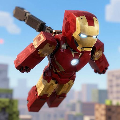Photorealistic CGI image of a blocky, red and gold LEGO Iron Man flying mid-air against a bright blue sky with blurred cityscape background.