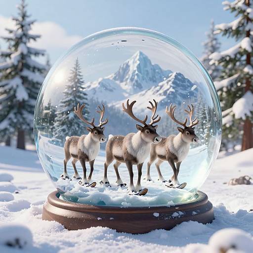 Photorealistic image of a snow globe with two detailed reindeer with antlers, standing in snow, set against a mountainous winter forest background.