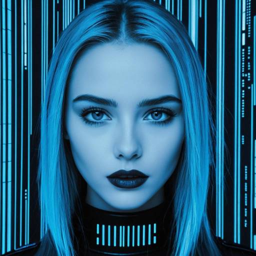 Cyberpunk Blue-Themed Portrait of Woman with Barcode Necklace