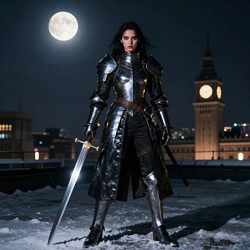 Photorealistic image of a dark-haired woman in shiny black armor, holding a sword, standing in snow at night under a full moon, with a