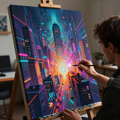 Photograph of a male artist painting a vibrant, neon-lit cityscape on an easel, using a brush to add details, with a bright