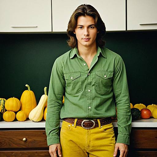 Young Man in Green Shirt and Yellow Pants with Squash