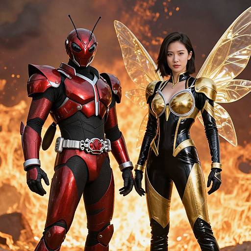 Photorealistic CGI of a male ant-man in red armor and a female bee-woman with gold wings standing before a fiery background.