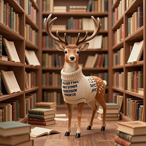 Whimsical Humanoid Deer in Endless Library