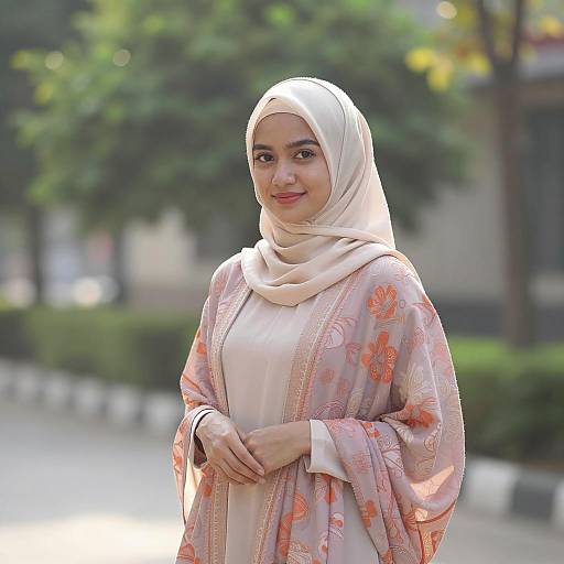 Young Woman in Beige Hijab and Patterned Shawl