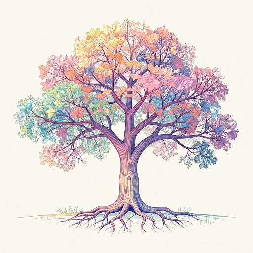 Digital illustration of a vibrant, multi-colored tree with pink, orange, blue, and green leaves, detailed roots, and a strong, textured trunk against