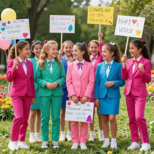 Cheerful Girls in Vibrant Suits
