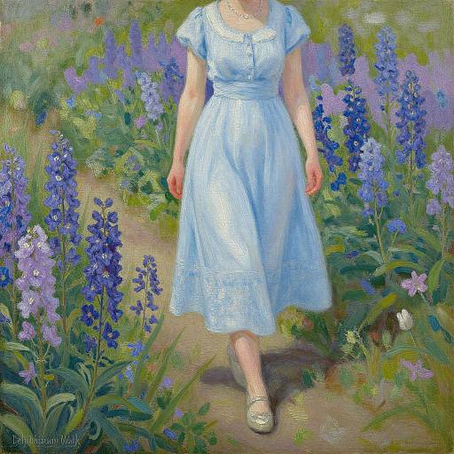 Impressionist painting of a woman in a light blue dress, walking through a vibrant blue and purple flower garden. Visible from shoulders to feet. Artist