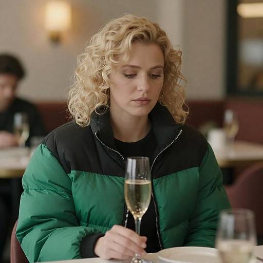 Somber Moment: Blonde Woman with Champagne