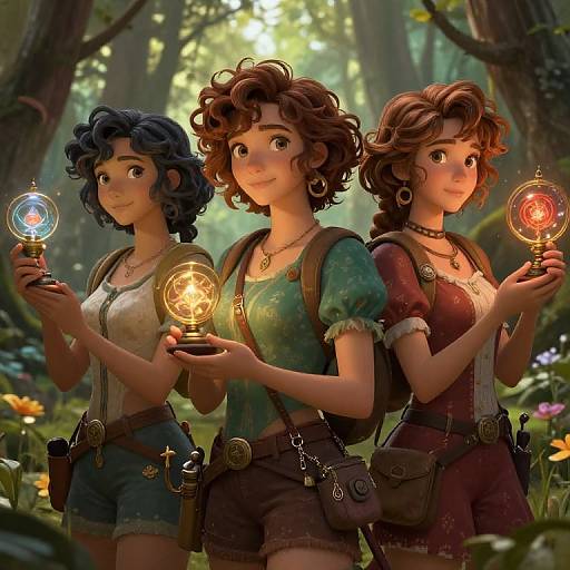 Digital artwork of three curly-haired women in forest, holding glowing lightbulbs, wearing green, brown, and red shirts, shorts, with backpacks