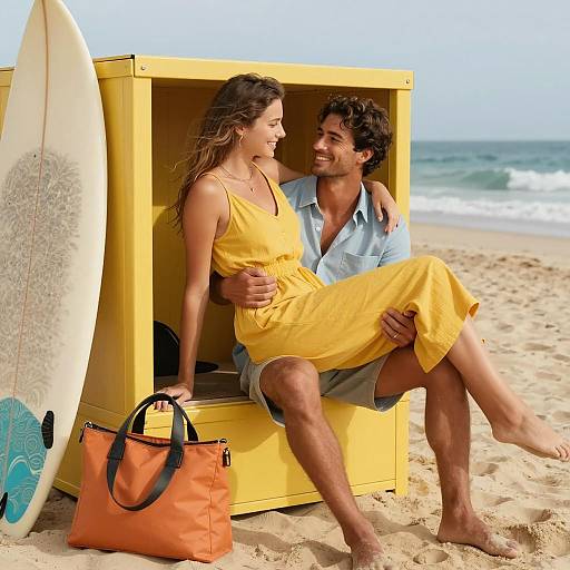 Couple Embracing on Beach by Surfboard and Storage Box