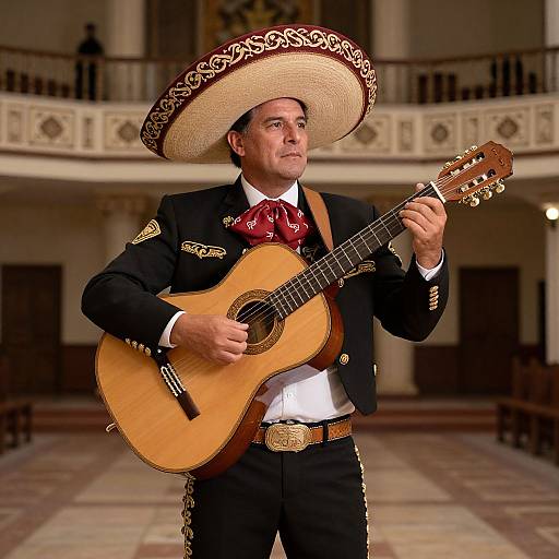 Photograph of a middle-aged man in a traditional Mexican mariachi outfit, playing an acoustic guitar in an ornate, multi-level hall.