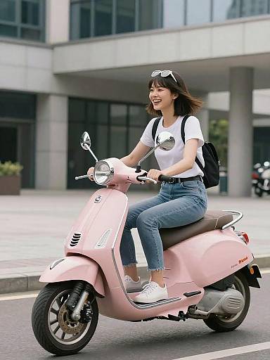 Cheerful Italian Woman on Pink Scooter