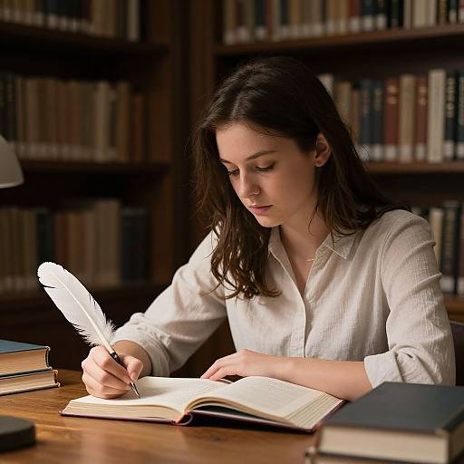 Photograph of a young woman with dark hair, wearing a white button-up shirt, writing with a white feather quill in a library.