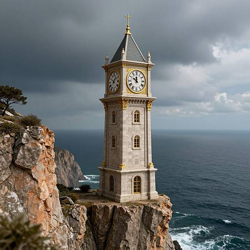 Photograph of a tall, stone clock tower with gold accents, perched on a rocky cliff overlooking a stormy ocean.